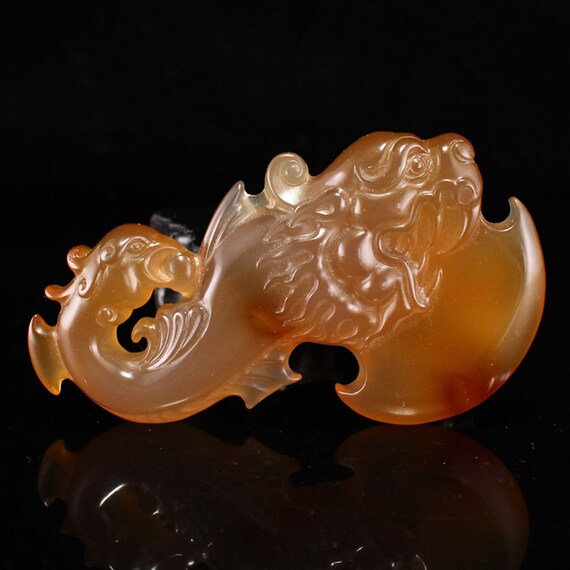 N1423 Chinese Agate Carved Dragon Phoenix Axe Pen… - image 4
