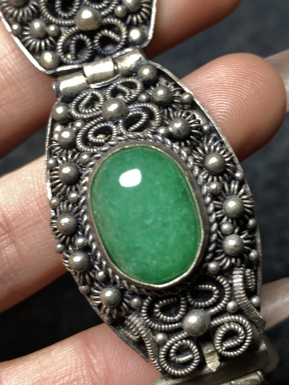 E7209 Old Chinese Silver Inlay Green Jade Bracelet - image 6