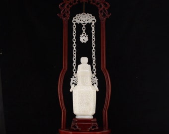 N5878 Chinese Qing Dy White Hetian Jade Double Rings Braced Chain Vase w Zitan Wood Shelf