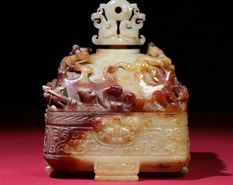 N0127 Vintage Chinese Hetian Jade High Relief Dragon Phoenix Box