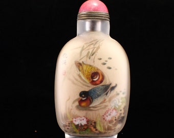 N1591 Vintage Chinese Peking Glass Inside Painting Flower Bird Snuff Bottle w Stopper