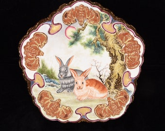 N0951 Chinese Gilt Gold Famille Rose Five Bats & Rabbit Design Porcelain Tea Tray