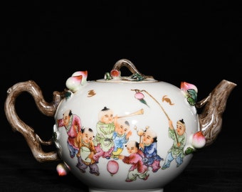 E4063 Chinese Famille Rose High Relief Peach & Kids Design Poetic Prose Porcelain Teapot