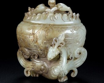 E8181 Vintage Chinese Hetian Jade High Relief Dragon Phoenix Incense Burner