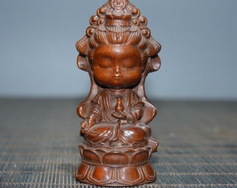 N0628 Chinese Natural Boxwood Wood Carved Samll Kwan-yin Statue