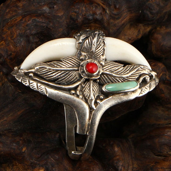 A6329 Chinese Pure Silver Inlay Turquoise & Coral… - image 4