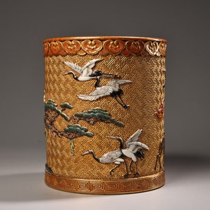 N1107 Chinese Gilt Gold Famille Rose Enamel Low Relief Pine Tree & Crane Porcelain Brush Pot