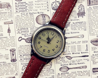 Vintage Rectangular Women's Watch, Brown Leather Strap, Quartz Wristwatch