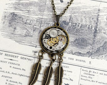 Steampunk Dreamcatcher Necklace or Keychain, Real Antique Watch Movement Jewelry, Industrial Gear Pendant, Mens Gift