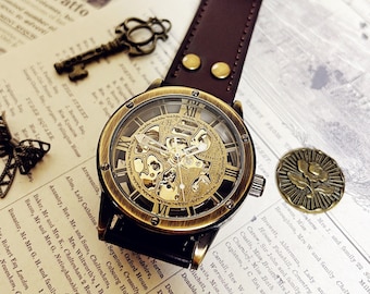 Mechanical watch,Steampunk Wristwatch, Unisex Womens Leather,Groomsman Wedding,Fathers Gifts Ideas, valentine’s gift