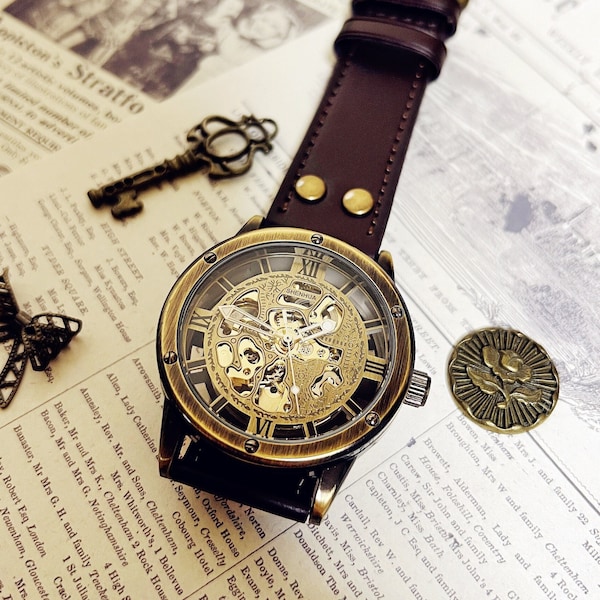 Mechanical watch,Steampunk Wristwatch, Unisex Womens Leather,Groomsman Wedding,Fathers Gifts Ideas, valentine’s gift