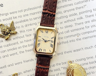 Square Rectangular Vintage Women watch , wrist watch, Quartz Wristwatch, gift for women, vintage watch, Brown Dial Brown Leather Strap