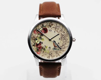 Birds and floral,Vintage Bird watch, Wrist Watch, Women Watch, Leather Watch, Men's Watch, Unisex Watch, valentine’s gift