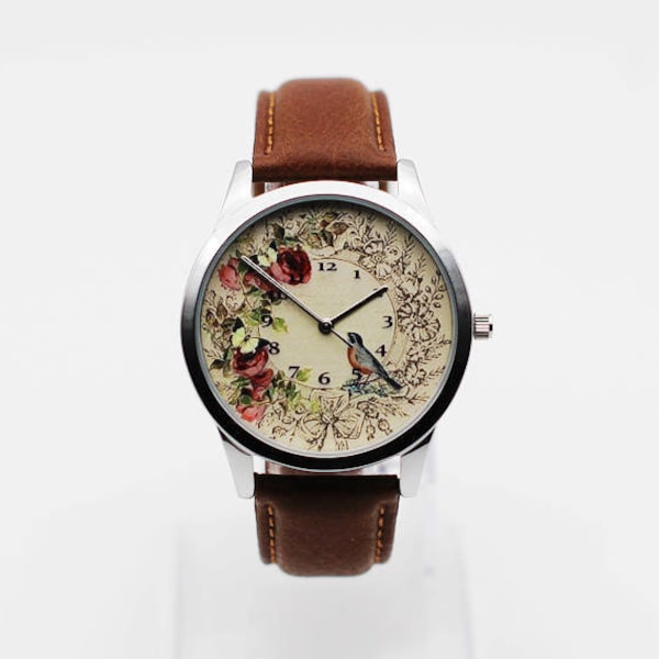 Birds and floral,Vintage Bird watch, Wrist Watch, Women Watch, Leather Watch, Men's Watch, Unisex Watch, valentine’s gift