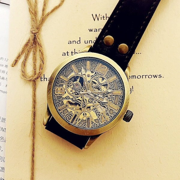 Star,Steampunk watch,Marriage watch,Mens Steampunk Wrist watches,Mechanical Watch,Unisex Womens Skeleton,valentine’s gift