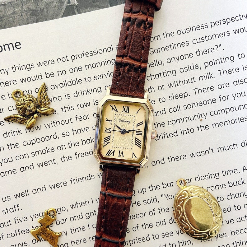 Quadratische rechteckige Vintage Damenuhr, Armbanduhr, Quarz-Armbanduhr, Geschenk für Frauen, Vintage Uhr, braunes Zifferblatt mit braunem Lederarmband Bild 1