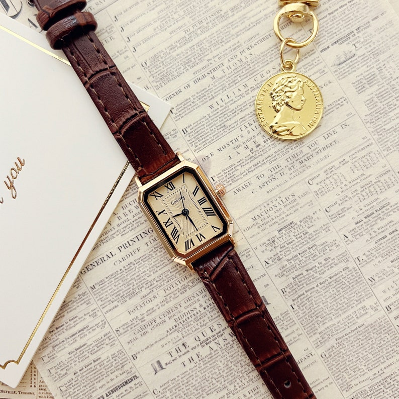 Vierkant rechthoekig vintage dameshorloge, polshorloge, quartz horloge, cadeau voor vrouwen, vintage horloge, bruine wijzerplaat bruin lederen band afbeelding 8
