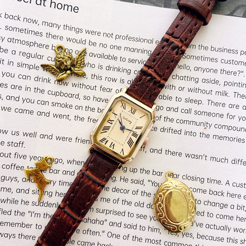 Vierkant rechthoekig vintage dameshorloge, polshorloge, quartz horloge, cadeau voor vrouwen, vintage horloge, bruine wijzerplaat bruin lederen band afbeelding 3
