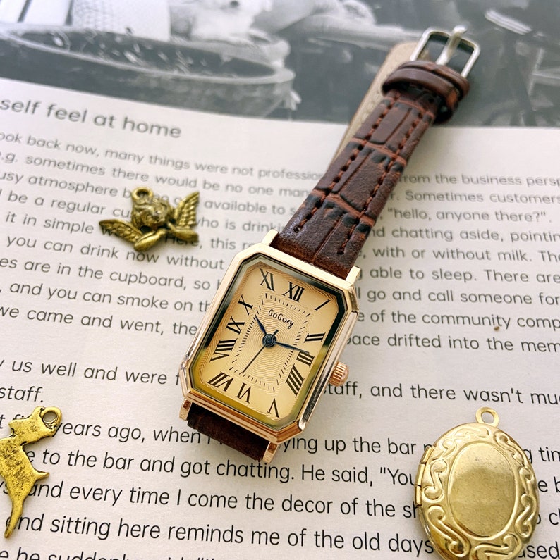 Quadratische rechteckige Vintage Damenuhr, Armbanduhr, Quarz-Armbanduhr, Geschenk für Frauen, Vintage Uhr, braunes Zifferblatt mit braunem Lederarmband Bild 2