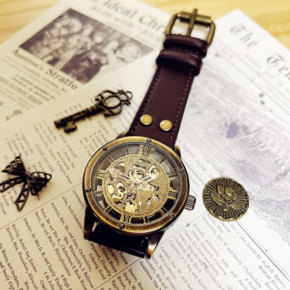 Mechanical watch,Steampunk Wristwatch, Unisex Womens Leather,Groomsman Wedding,Fathers Gifts Ideas, valentine’s gift,leather strap