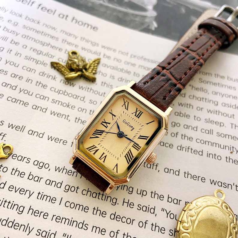 Quadratische rechteckige Vintage Damenuhr, Armbanduhr, Quarz-Armbanduhr, Geschenk für Frauen, Vintage Uhr, braunes Zifferblatt mit braunem Lederarmband Bild 4
