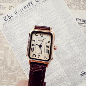 Quadratische rechteckige Vintage Damenuhr, Armbanduhr, Quarz-Armbanduhr, Geschenk für Frauen, Vintage Uhr, braunes Zifferblatt mit braunem Lederarmband Bild 6