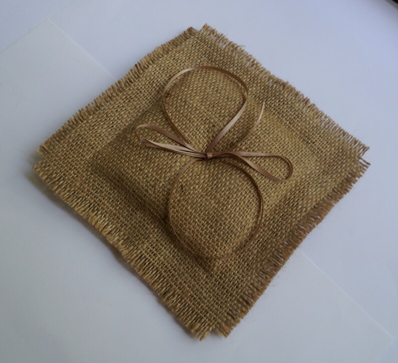 southwestern wedding hessian ring cushion rustic wedding beige satin ribbons Minimalist burlap ring bearer pillow beach