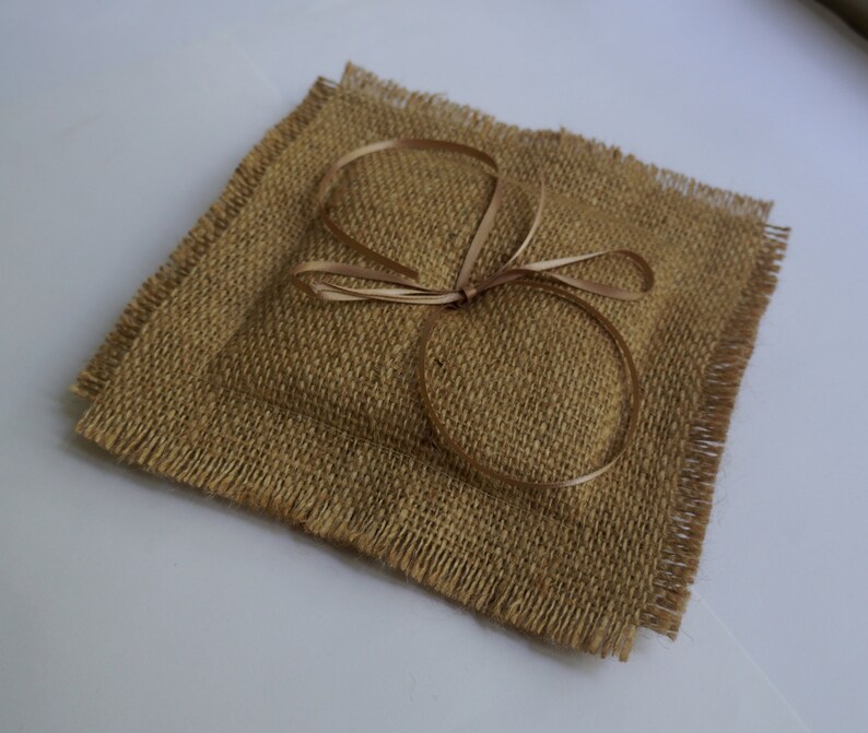 southwestern wedding hessian ring cushion rustic wedding beige satin ribbons Minimalist burlap ring bearer pillow beach