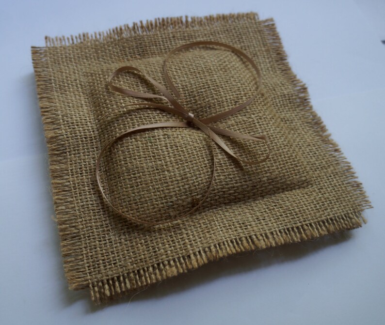 southwestern wedding hessian ring cushion rustic wedding beige satin ribbons Minimalist burlap ring bearer pillow beach