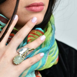 Prehnite stone ring, Mixed metal rings for women, Silver and Gold ring statement ring, Wide band image 1