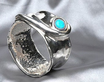 wide silver bracelet with turquoise stone - chunky 925 sterling silver cuff - unique silver bangle  with opal stone