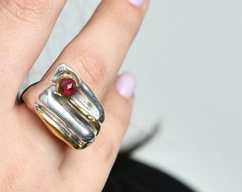 Red Garnet Ring, 925 Sterling Silver, 24K Gold Plating, Gift for Her, Statement Wide Band