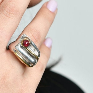 Red Garnet Ring, 925 Sterling Silver, 24K Gold Plating, Gift for Her, Statement Wide Band