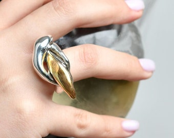 Beautiful Mixed Metal Ring, 925 Sterling Silver, 24K Gold Plating, Statement Ring, Wide Band