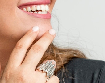 wide silver unique ring- handmade -chunky sterling silver rings for women - big geometric ring - electroformed ring