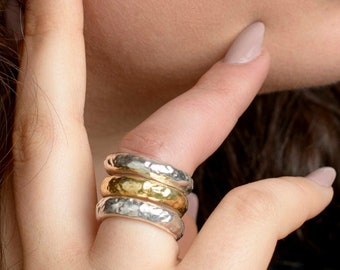 chunky gold and silver wide band ring - mixed metal rings - wide silver ring - sculptured ring - triplet ring electroformed