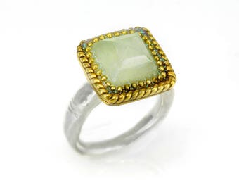 square Prehnite ring - green stone ring - mixed metal ring size 7 - gold and silver ring - statement rings for women