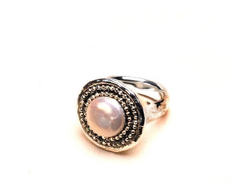 Silver ring with a large Pearl Stone - Sterling silver and pearl stone statement ring