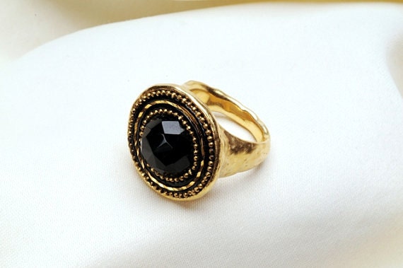 Black Onyx Ring Round Chunky Gold Ring Gold Statement Ring Etsy