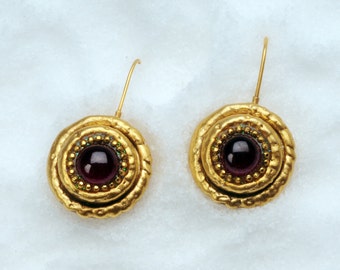 red garnet earrings - garnet and gold earrings - round dangle earrings - round drop earrings - gemstone earrings - electroform earrings