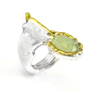 Prehnite stone ring, Mixed metal rings for women, Silver and Gold ring statement ring, Wide band image 3