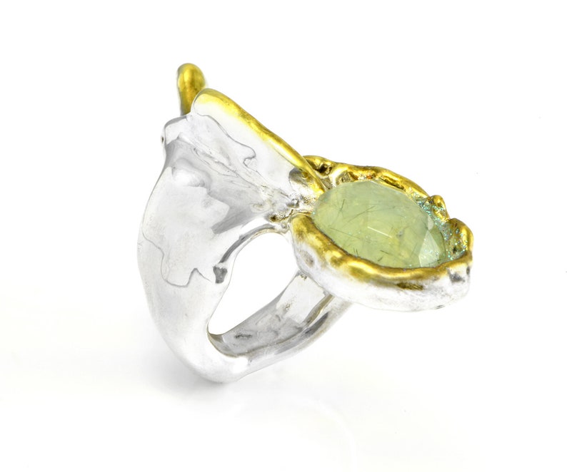 Prehnite stone ring, Mixed metal rings for women, Silver and Gold ring statement ring, Wide band image 3