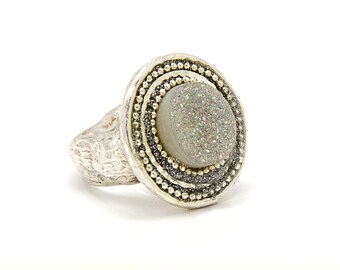 druzy quartz ring - round statement ring - 925 sterling silver ring - chunky silver ring - stone ring - electroformed ring