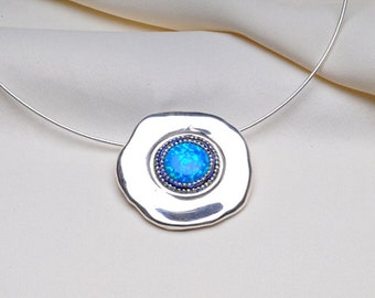 Round 925 sterling silver pendant necklace with a blue opal stone .gift for her