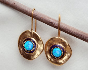 Round Gold and blue opal dangle earrings - 24k gold plated and gemstone earrings - mother's day gift