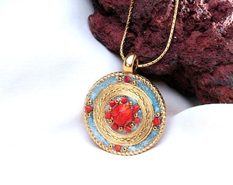 coral stone necklace - gold round pendant necklace - 24k gold necklace with stone for women