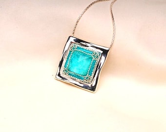 Square sterling silver pendant .   necklace-quartz