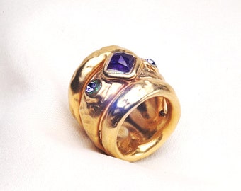 wide gold band ring - purple amethyst ring - gold stone ring - 24k gold statement ring - chunky gold rings for women