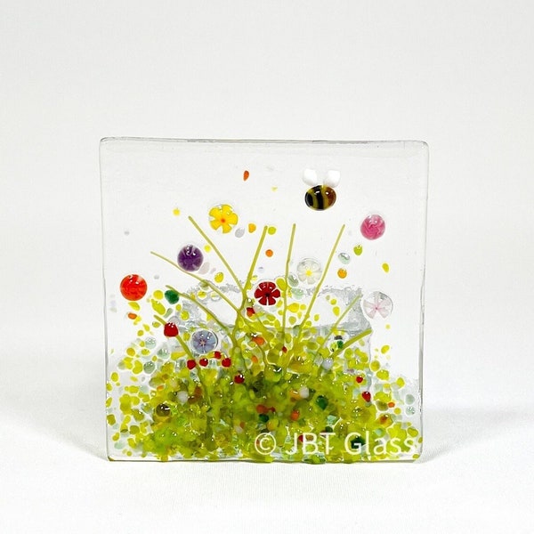 Small Tea Light-Candle Display-Small Wild Flower Rainbow Meadow-Glass Plaque-Fused Glass Art-Birthday Present-New Home Gift. JBT2071