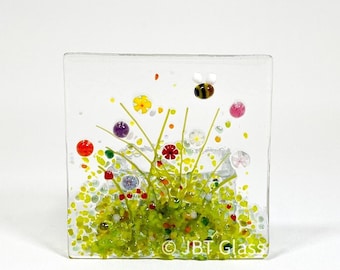 Small Tea Light-Candle Display-Small Wild Flower Rainbow Meadow-Glass Plaque-Fused Glass Art-Birthday Present-New Home Gift. JBT2071